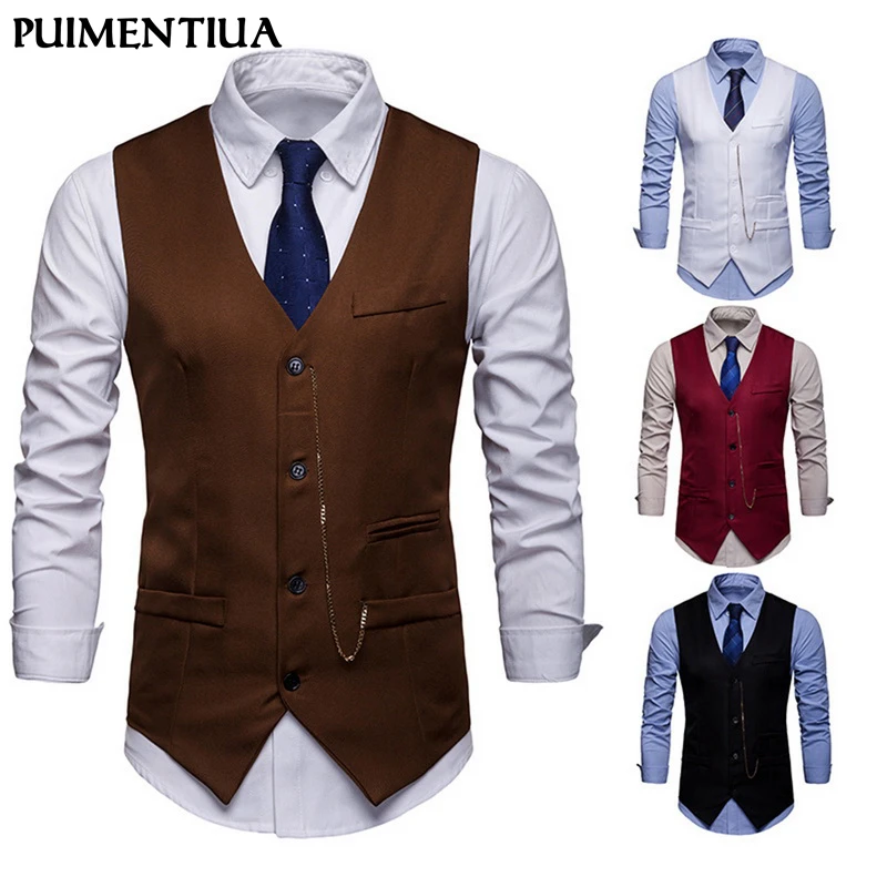 Puimentiua Мужской приталенный однобортный жилет,, брендовый деловой костюм, деловой свадебный жилет, жилет без рукавов, пиджак