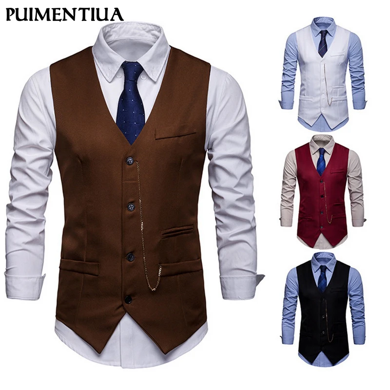 

Puimentiua Mens Slim Fit Breasted Suit Vest 2019 Brand New Formal Dress Business Wedding Vest Waistcoat Sleeveless Jacket