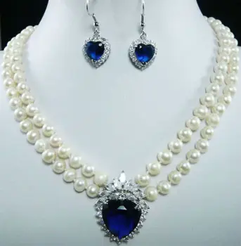 

7-8mm Natural White Pearl Blue Crystal Pendant Necklace + Earrings Set