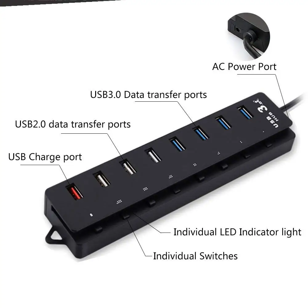 USB C концентратор разветвитель с 1 usb зарядный порт и 4 порта 3,0 концентратор и 3 USB 2,0 порт и 8 отдельных выключателей питания встроенный