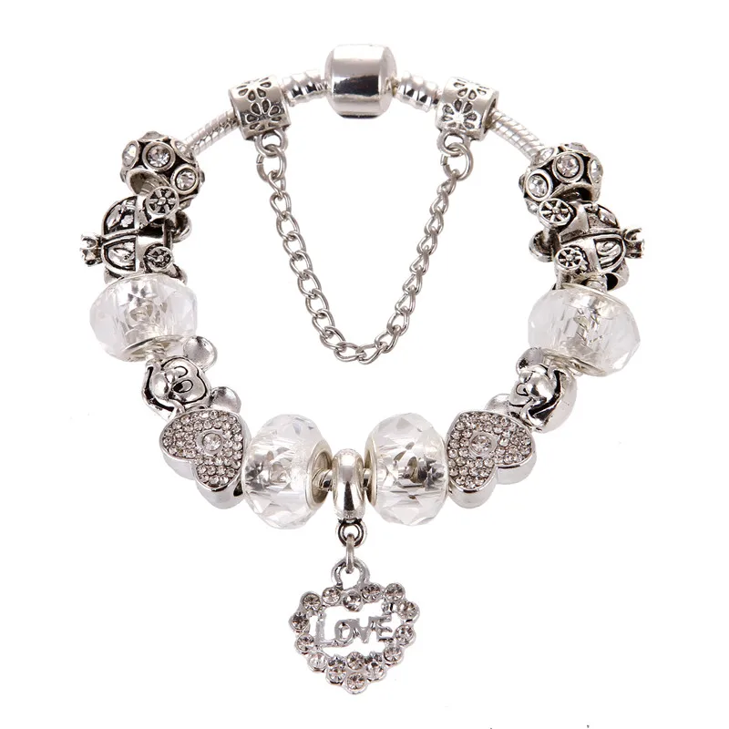 

ChangBizi The LOVE Pendant Loving Heart White Crystal/Glass Beads Cute Elegant Charms Pandora Bracelets & Bangles For Women Gift