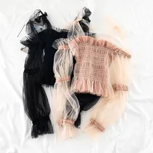 2019 Women Puff Flare Sleeve Slash Neck Ruffle Shirt Casual Elastic Slim High Waist Tulle Pullover Mesh Gauze Voile Blouse