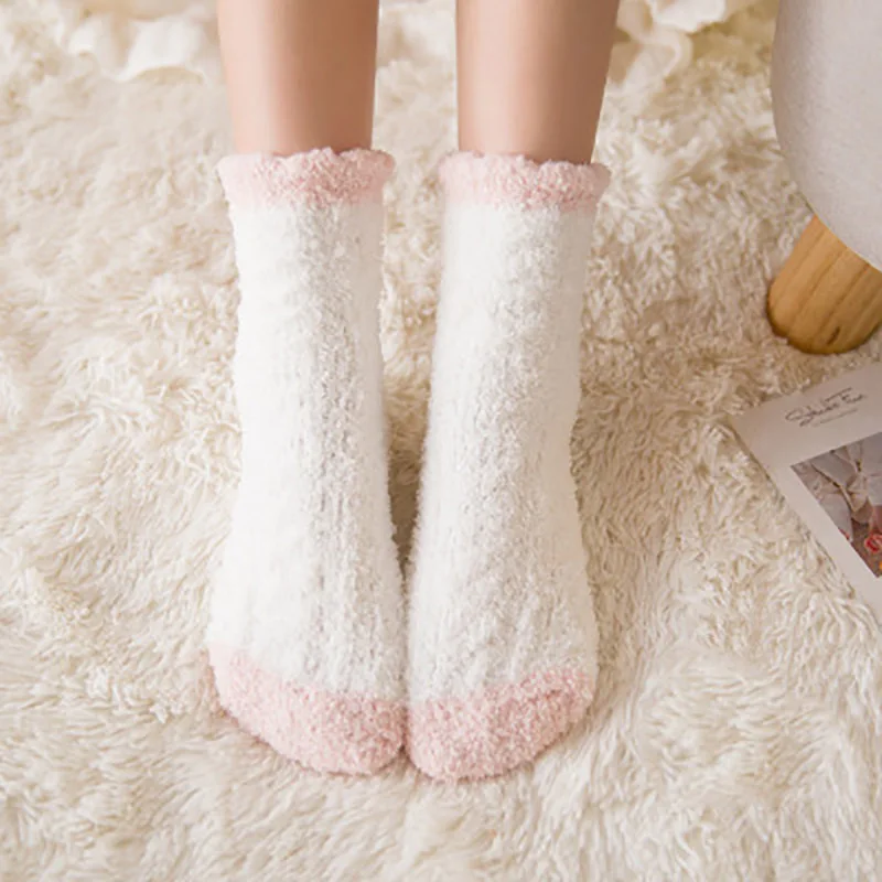 Утепленные женские кашемировые носки; милые плюшевые теплые домашние носки для сна; забавные женские носки; коралловые пушистые теплые носки для ног; Sokken meias - Цвет: pink white style 1