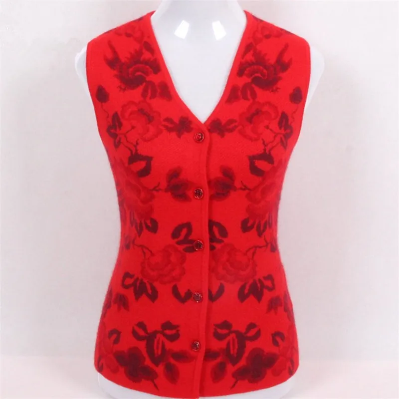 Большой размер коза, кашемир v-образный вырез вязаный женский модный жаккард без рукавов Толстый жилет свитер красный 2 цвета S/5XL