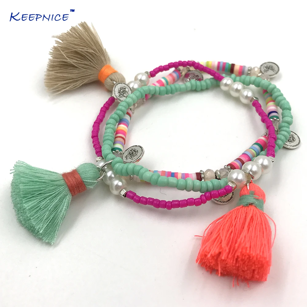 

New Bohemia Boho chic bracelet rainbow color tassel charms bracelet multi layers colorful Seed beaded chain Bracelets for women