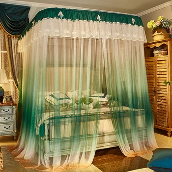 

Luxury European Palace Style Gradient Green Three open door Landing Rail Mosquito Net Stainless Steel Mosquito Frame Bedding Set