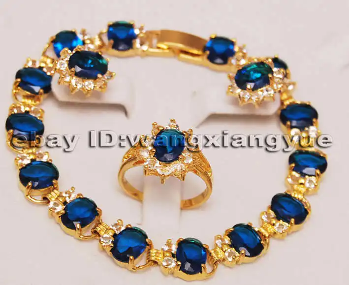 

Fashion Jewelry Blue Zircon Inlay Link Bracelet earrings Ring Set **18K gold plated watch wholesale Quartz stone CZ crystal