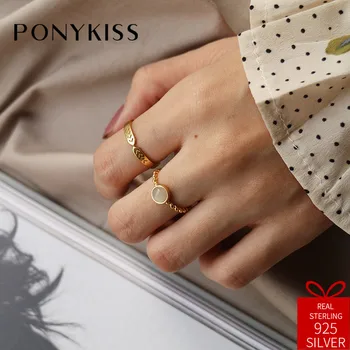 

PONYKISS Trendy 100% 925 Sterling Silver Delicate Opal Adjustable Geometric Opening Ring Women Fashion Party Accessory Chic Gift