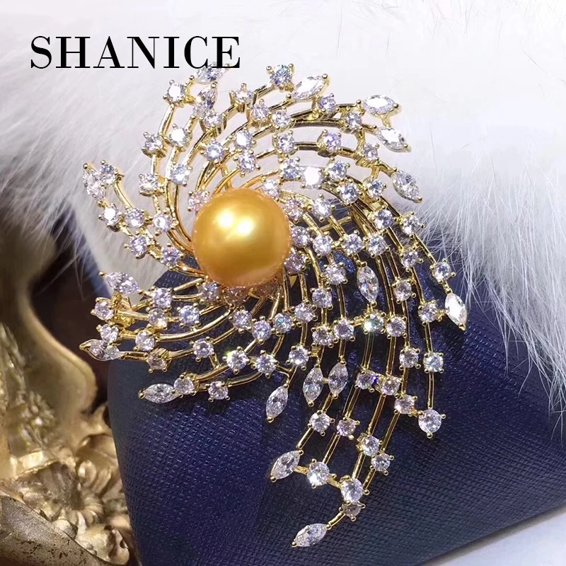 

SHANICE Stunning Imitated Garnet Big Corsage Brooch Gold Tone Tornado Cubic Zirconia Centered Open Back Flat Design CZ Broach