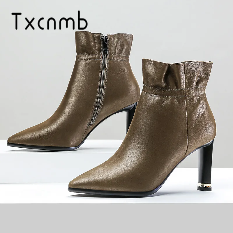 

TXCNMB 2019 Winter Autumn Boots Women Platforms High Heel Ankle Boots Cow Leather Motorcycle Lady Ladies Shoes Woman Size 42 43