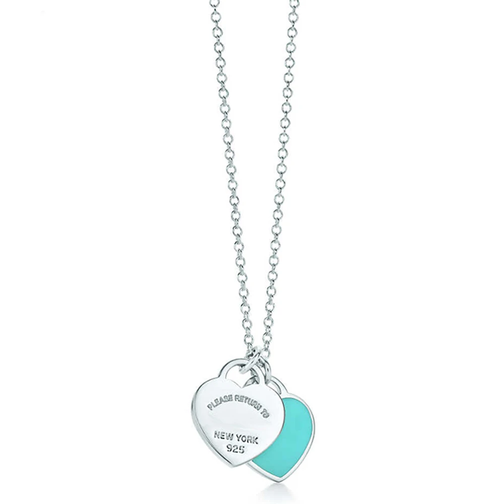 

Pure 925 Sterling Silver Pandent Women Jewelry Heart Necklace Green Red Heart Jewelry Brand NY logo Heart Love Necklace T style