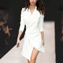 Высокое качество уникальный дизайн элегантный подиум женские зубчатые пуговицы черный и белый сплошной цвет повседневное асимметричное платье