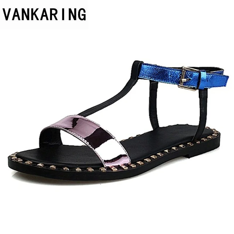 

VANKARING new fashion 2018 summer genuine patent leather silvery flat with heel sandals leisure date dress women shoes sandals