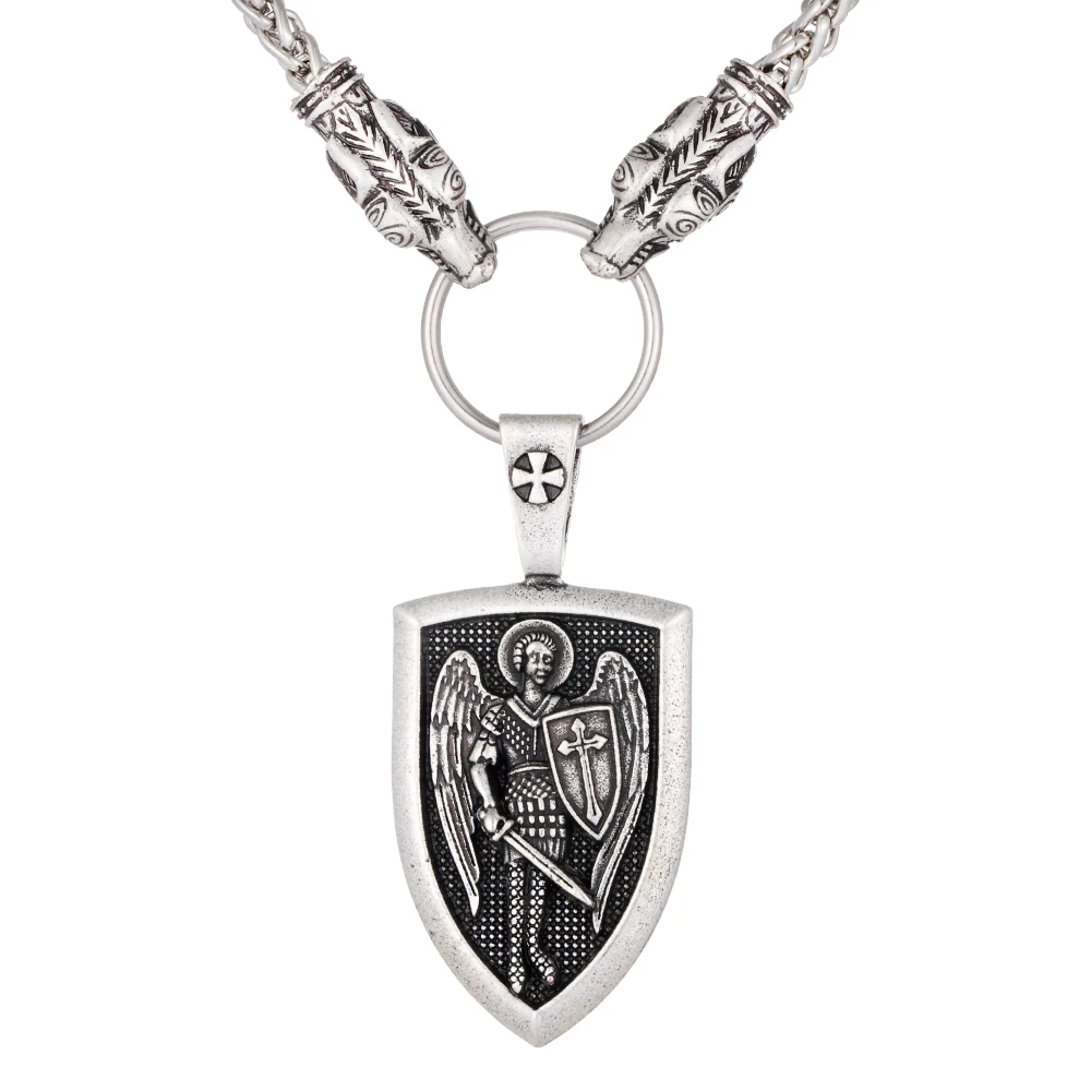 

Norse Vikings Odin Warriors Cross Shield Pendant Necklace Walf Head Amulet Necklace Archangel St.Michael Protect Me Saint