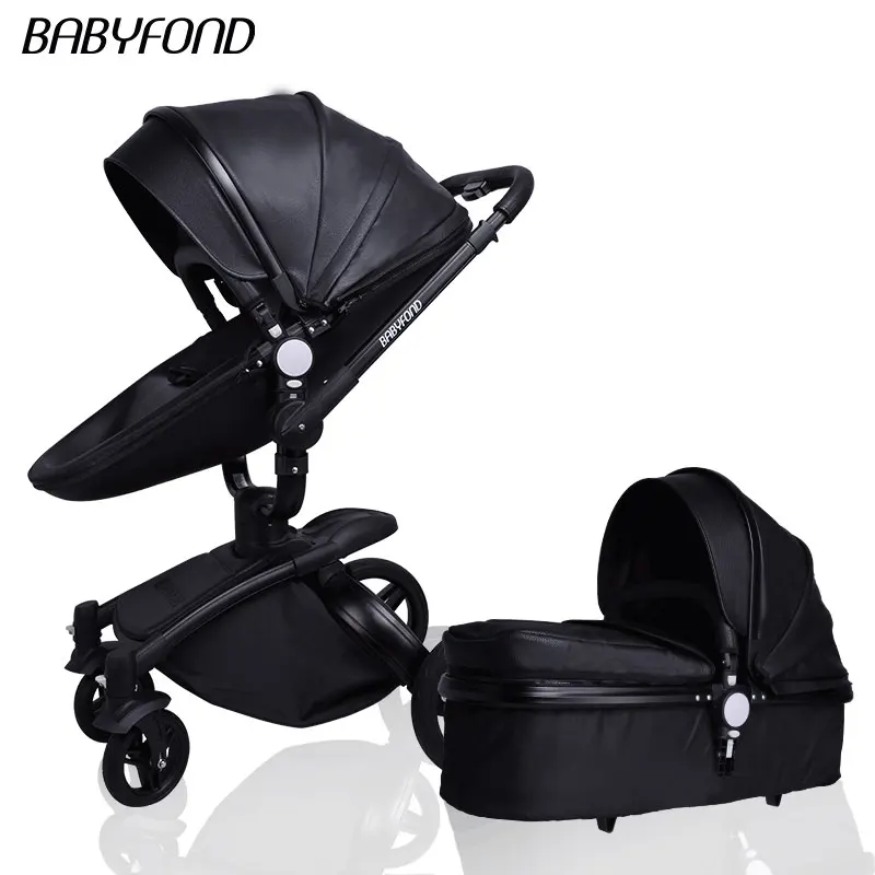 Детская коляска Babyfond, вращающаяся на 360 градусов, Золотая рама, детская коляска 2 в 1, включая спальную корзину, кожаная детская коляска, Европейский сертификат - Цвет: black