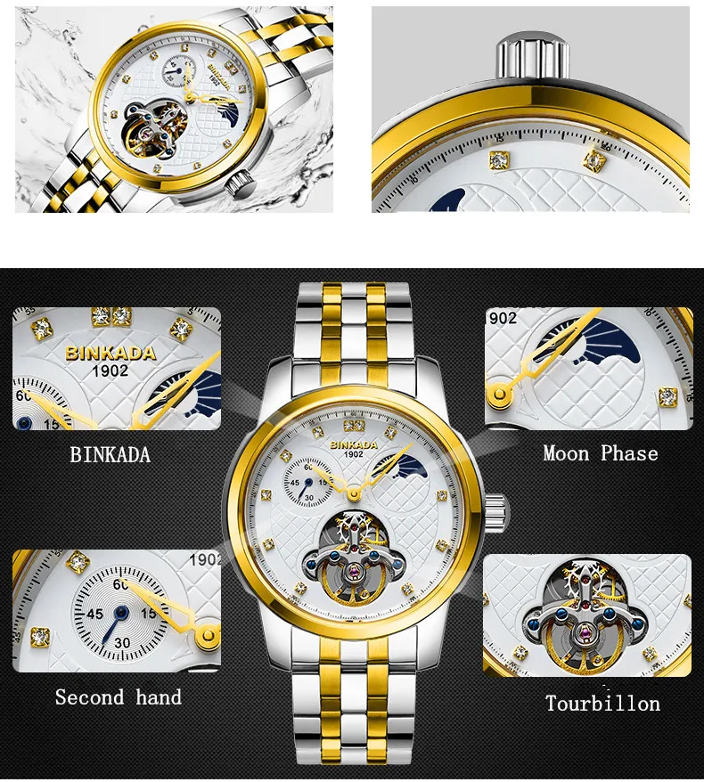 Binkada Для мужчин S Moon Phase Tourbillon автоматические механические Часы Для мужчин люксовый бренд погружения 30 м Бизнес полный стали смотреть
