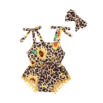 

9M-3Y Fashion Newborn Baby Girl Sleeveless Leopard Sunflower Strap Tassel Bodysuit Jumpsuit Headband 2PCS Summer Clothes