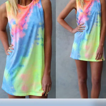 

ITFABS Simple Dress Summer Womens Casual Sleeveless Printed Colored Evening Party Beach Short Mini Dress Sundress