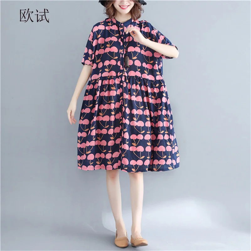 

Women Summer Fashion Shirt Dress Short Sleeve Cute Cherry Print Plus Size Dresses Casual Loose Kawaii Dress New Arrival 2019 4xl