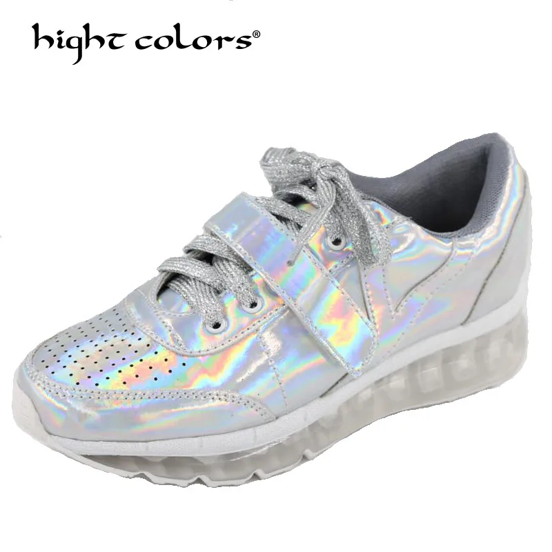

New 2019 Spring Autumn Brand Women Casual Shoes Silver Hologram Creepers Flat Heel shoes Fashion ladies Harajuku Platforms T-49