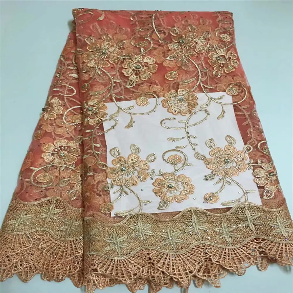 

Latest Peach / Gold African Guipure Embroidery Design French Party Dress Net Lace With Stones X357-01
