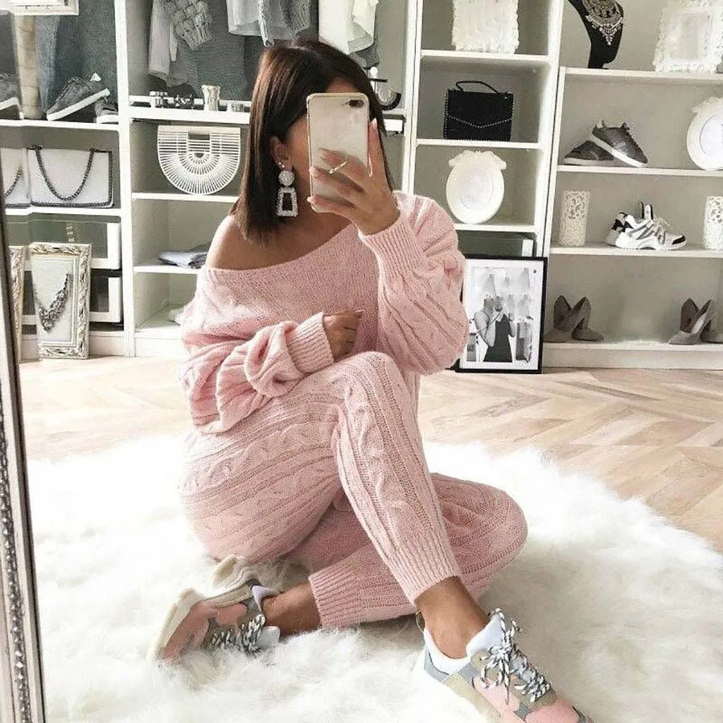 

Womens Ladies Solid Off Shoulder Cable Knitted Warm 2PC Loungewear Suit Set autumn sweater women 2018 sweater woman winter plaid
