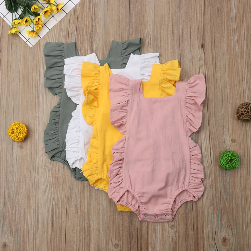 4 цвета; милый однотонный комбинезон с оборками для маленьких девочек; комбинезон; Одежда для новорожденных; детская одежда