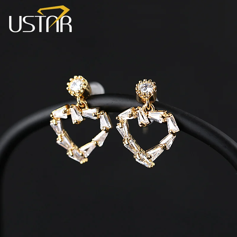 

USTAR NEW Heart Crystals Stud Earrings for Women AAA Zircon Gold color 2018 Fashion Jewelry Earrings female party gifts Brincos