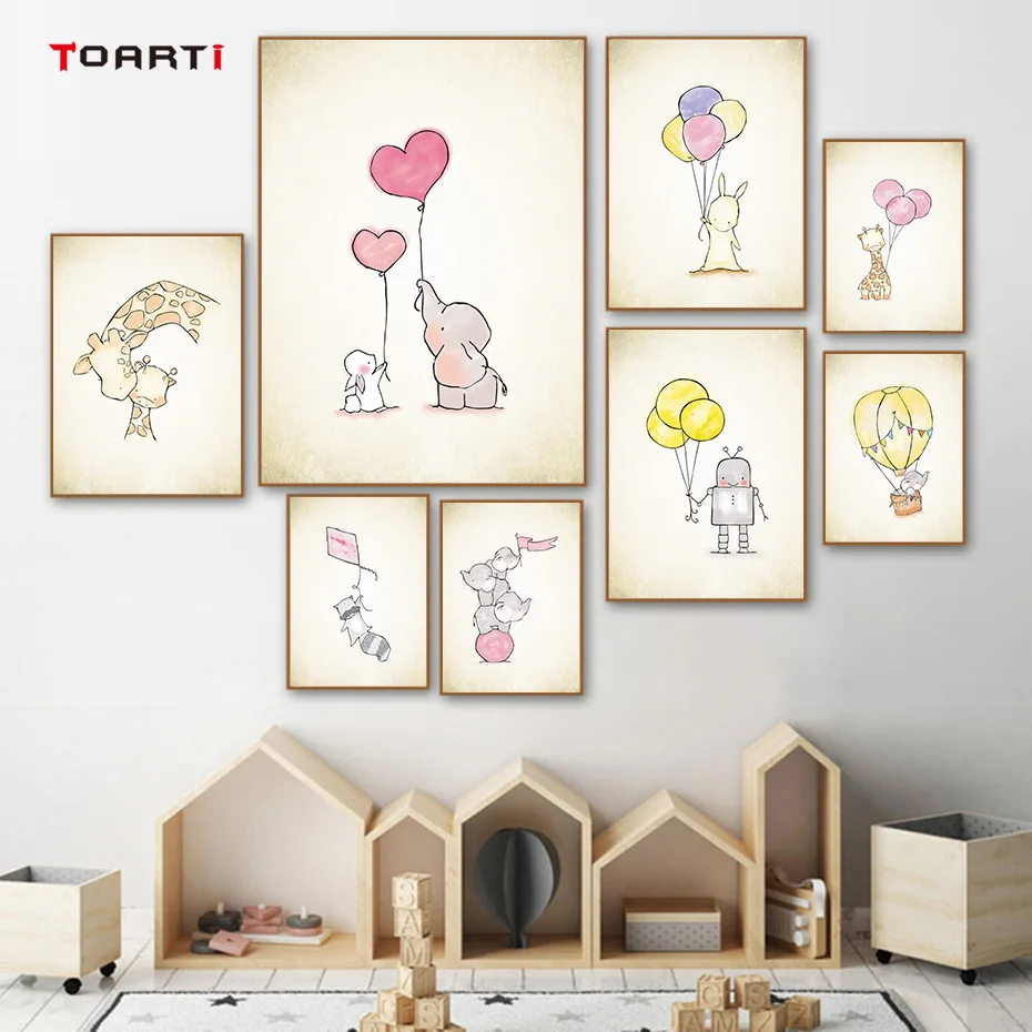 Cartoon Animals Balloon Adventure Wall Art Adorable Canvas Painting Colorful Vintage Poster&Prints Kids Bedroom Home Decor Mural (1)