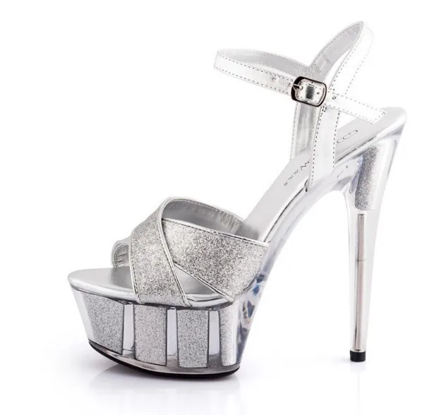 

New 15cm Sexy Super High-heeled Thin-heeled Transparent Crystal Sandals Silver Bright Wedding Shoes Thick-soled Waterproof Platf