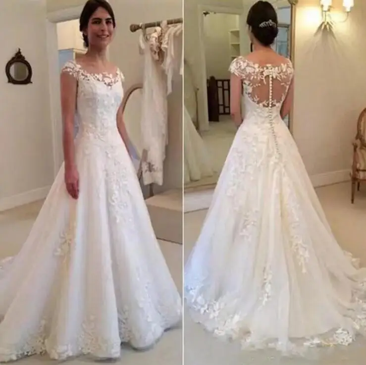 

Vestido de Noiva Modest Sheer Bateau Neckline See Through Button Back Wedding Dress 2019 New Cap Sleeves Bridal Gown plus size