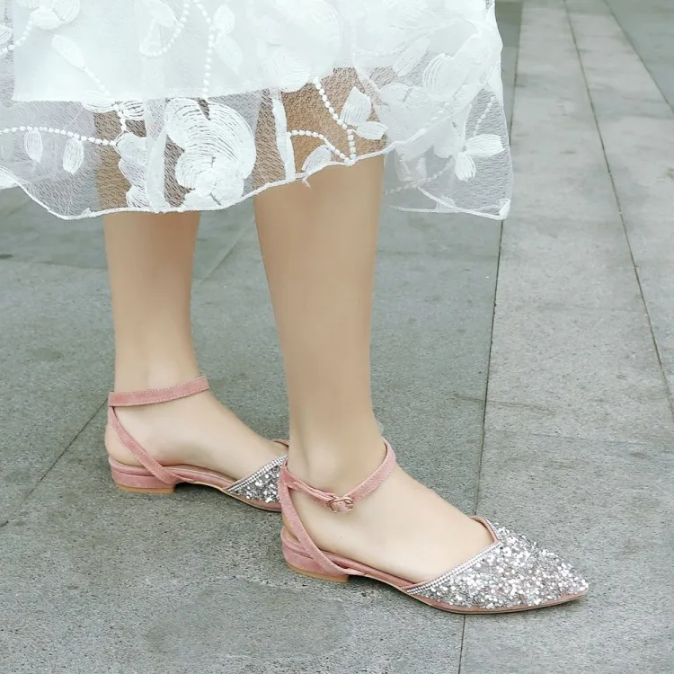 Туфли-лодочки на весну и осень, новая женская обувь из флока, украшенная кристаллами, с острым закрытым носком, с пряжкой, на низком каблуке, большие размеры 32-43