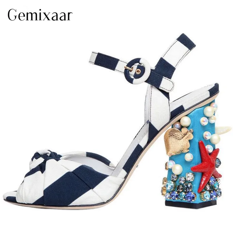 

Chunky Heel Decor Shells Stars Pearls Shoes Woman Peep Toe Colorful Fabric Sandals Unique High Heel T-show Shell Women Sandals
