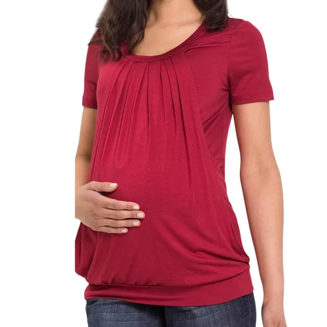 Women’s Solid Color Maternity T-Shirt Soft Comfortable Nursing Wrap Top Solid Wrinkled Double Layer Pregnant Blouse T-Shirt