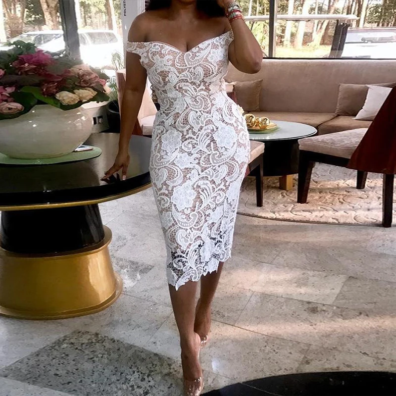 Кружевное платье с открытыми плечами, женское облегающее платье на бретельках для вечеринки, лето, сексуальное вязаное крючком элегантное облегающее белое платье vestidos de verano - Цвет: Белый