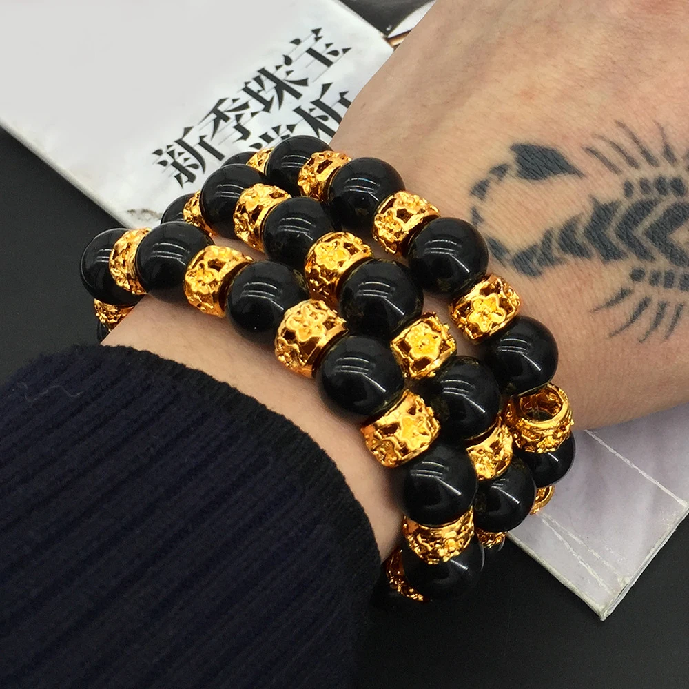 

New Men Brass Bracelet Vietnam Alluvial Gold Black Onyx Couple Bracelet for Men Women
