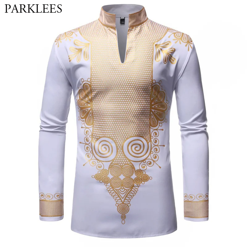 White Mandarin Collar Shirt Men 2022 Fashion Long Sleeve African Dashiki Print Dress Shirt Men Casual Shirts African Clothing