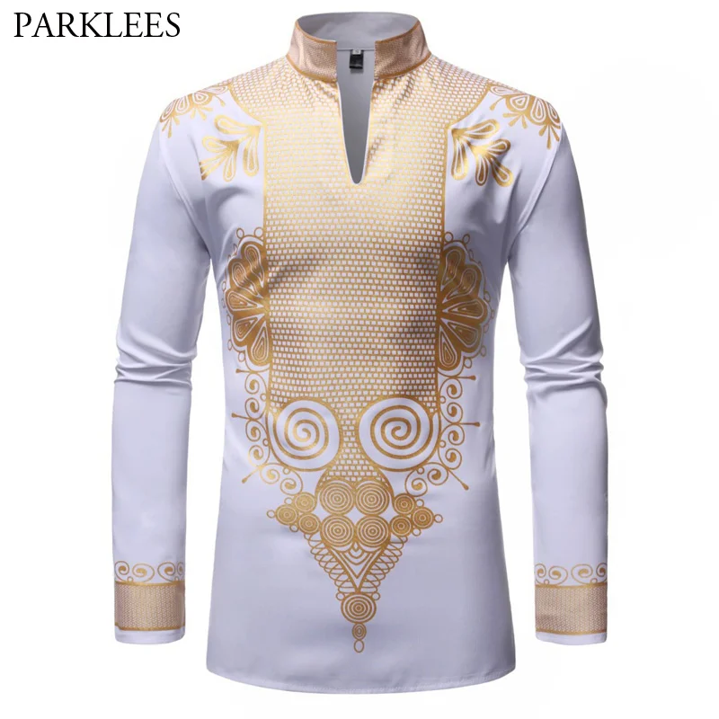 White Mandarin Collar Shirt Men Fashion Long Sleeve African Dashiki Print Dress Shirt Men Casual Shirts African Clothing