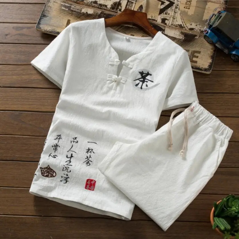 2019 الصيف مجموعة قصيرة الرجال الدعاوى القطن الكتان رياضية جولة الرقبة الذكور أبلى بلوزات النقي اللون T قميص + السراويل S-XXL