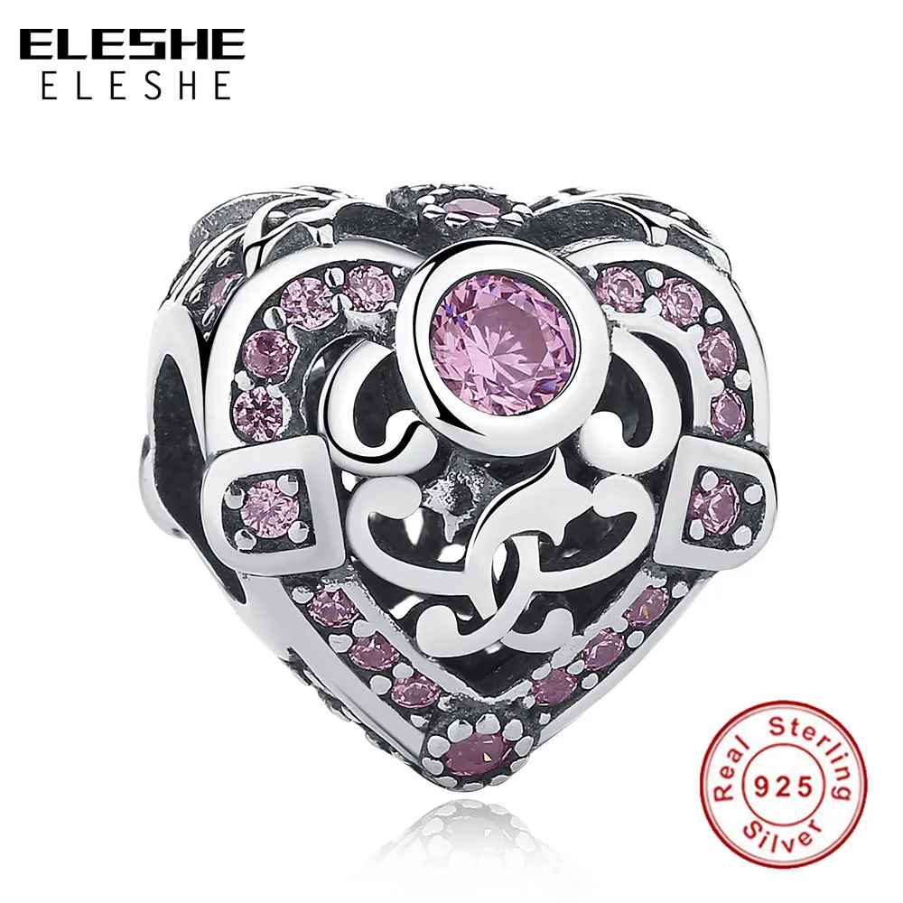 

ELESHE Opulent Heart Charm Beads Fit Original ELESHE Bracelet 925 Sterling Silver Pink Crystal Openwork Heart Bead DIY Jewelry