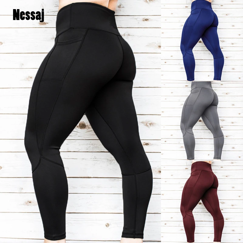 

Nessaj Solid Color High Waist Push Up Leggings With Pockets Workout Sexy Fitness Jeggings Women Fashion Elastic Active Pants