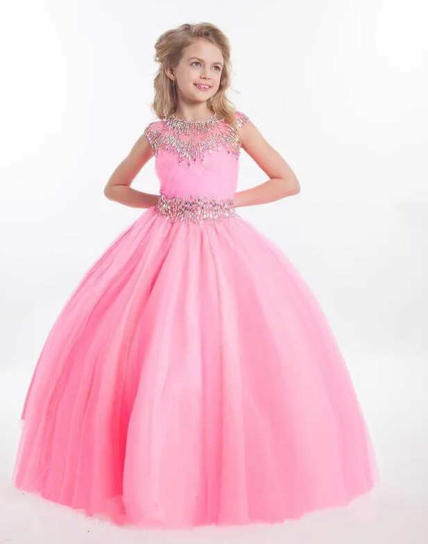

2018 Girls Pageant Dresses For Teens Illusion Neck Crystal Beads Pink Long Party Kids Flower Girl Dresses for Wedding