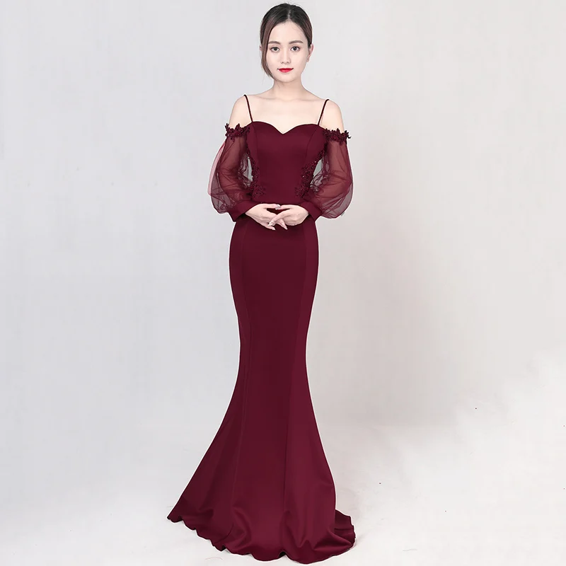 

Wine Red Cotton & Mesh Strap Off Shoulder Slash Neck Lantern Sleeve Floor-Length Mermaid Elegant Dress Party Club Sexy Dresses