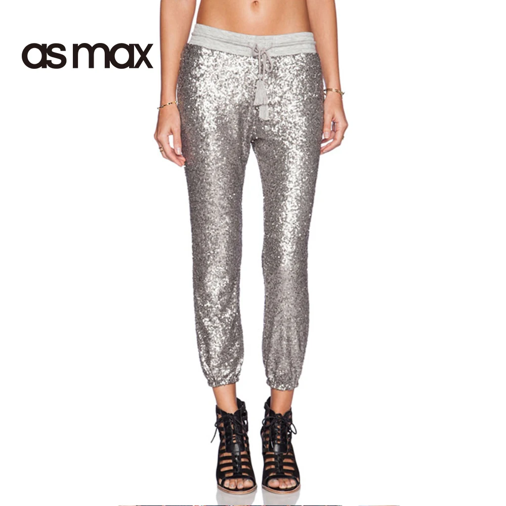 asmax Slim Sexy Women High Waist Pants Drawstring Shiny Sequined casual font b lady b font