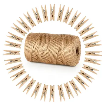 

YHYS Garden Cord with 100 Clothespins Wood 3.5cm Craft Cord Jute Cord 100M Natural Jute Cord Clothespins Packing Party Favor