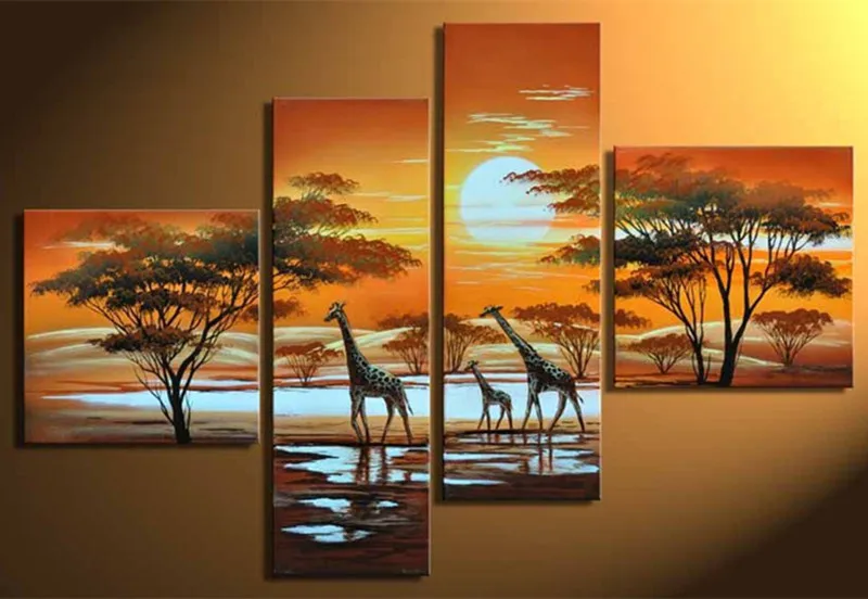 

Handpainted Abstract African Landscape Paintings 4 Panel Pictures Giraffe Trees Sunset Oil Painting Home Decor Wall Canvas Art
