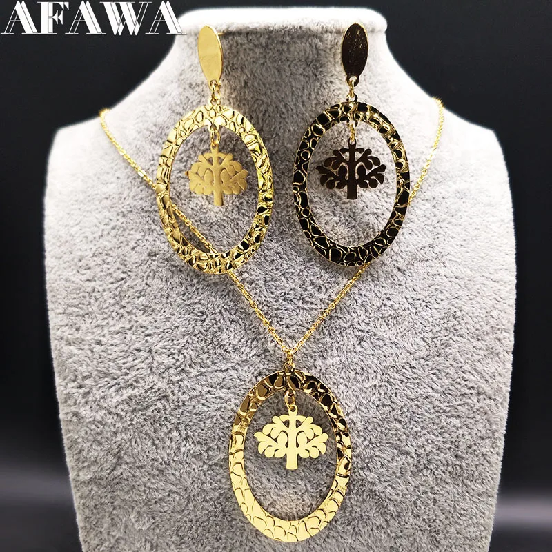 2019 Tree of life Stainless Steel Jewelry Set Peru Gold Color Necklace Earring Set Jewellery Women Costume Jewellery S178330