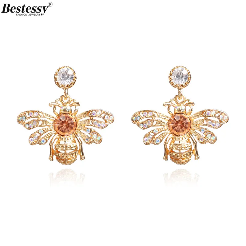 

Bestessy Hot New Chic Animal Jewelry Bee Shape Gems Crystal Earrings Female Sweet Women Charm Stud Earrings Wholesale Brincos