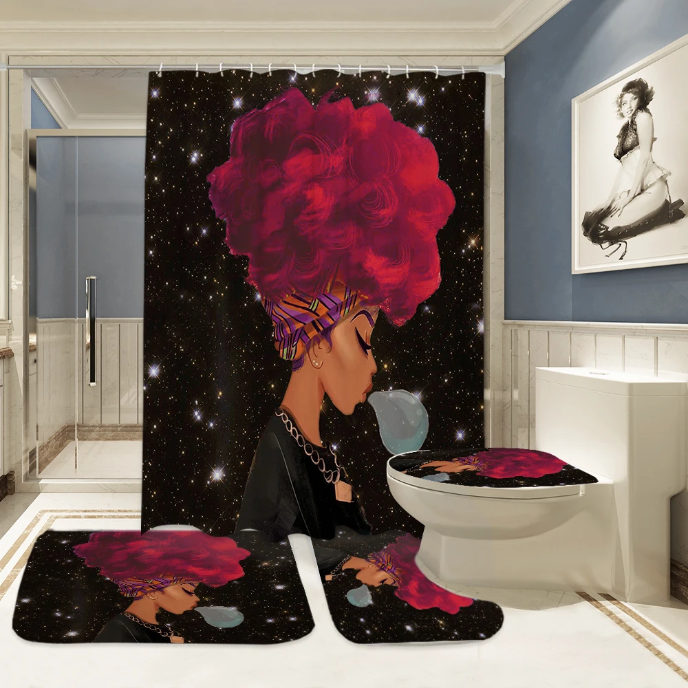 Günstig Miracille Mode Afrikanische Frau Polyester Dusche Vorhang Set Nicht Slip Teppiche Teppich für Bad Wc Flanell Bad Matte Set 4 stücke