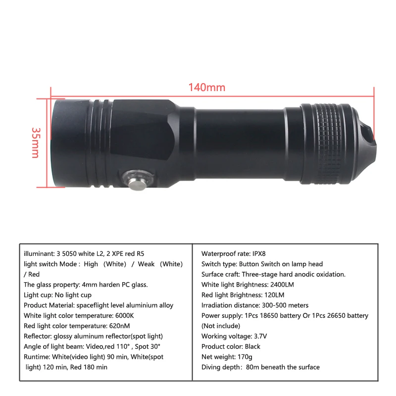 Светильник-вспышка для дайвинга, 3 режима, фонарь для дайвинга, для фотосъемки, белый и красный светодиодный светильник для подводного видео, светильник-вспышка для подводного плавания